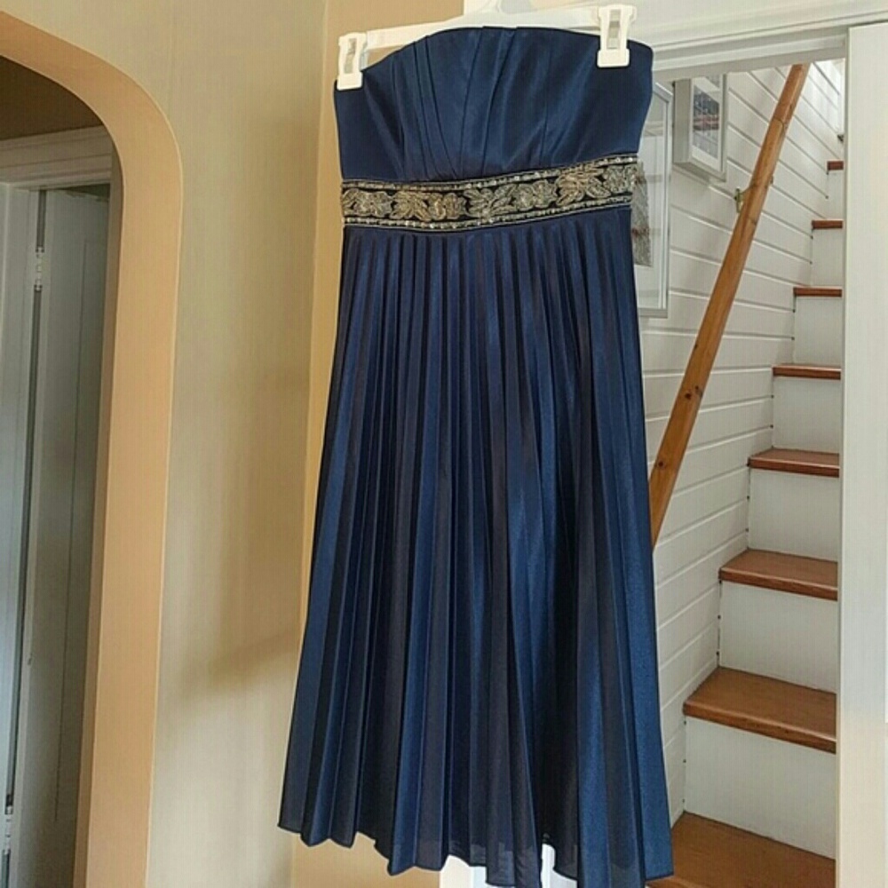 Dark blue strapless silk dress